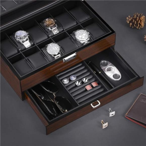 12 Watch Box with Valet Drawer, Luxury Watch Case,Watch Organizer for Mens - Picture 2 of 8